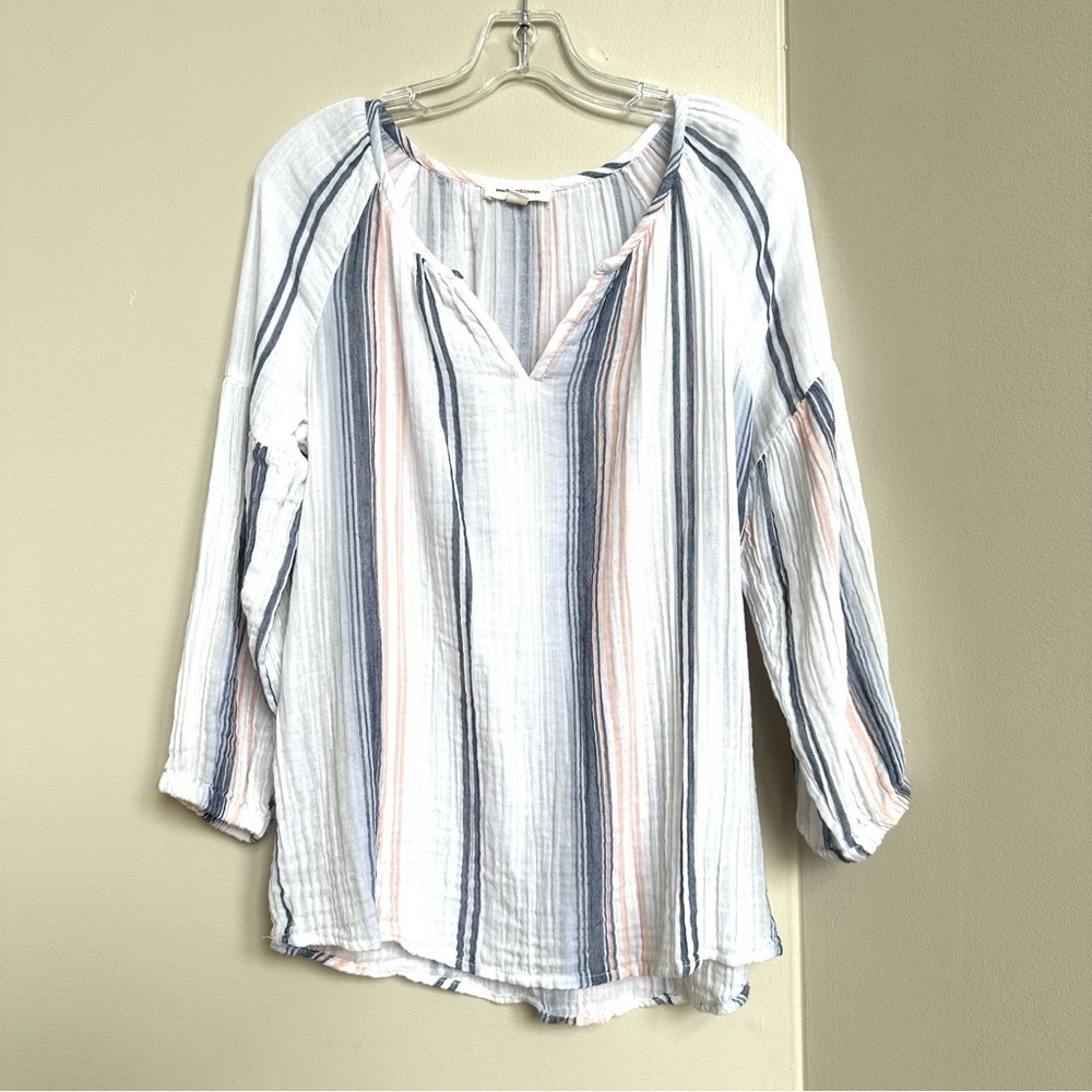 BeachLunchLounge Gauze 100% Cotton Popover Top Striped White, Blue, Peach